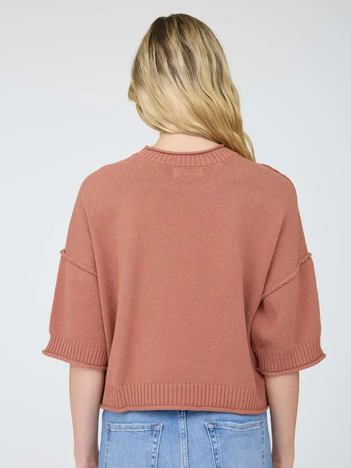 Cora Exposed Seam Drop Shoulder Half Sleeve Sweater Knit Top