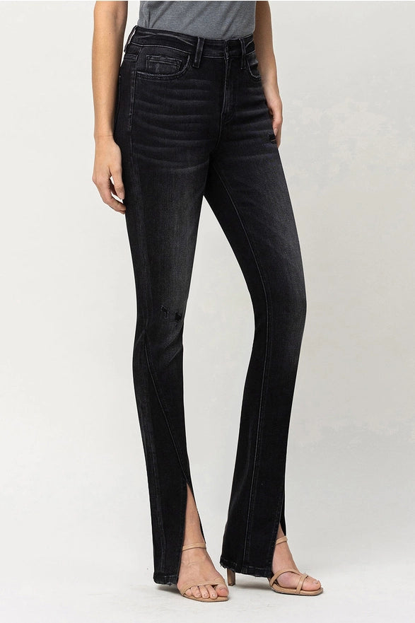 Reville High Rise Slanted Slit Slim Bootcut Black Jeans