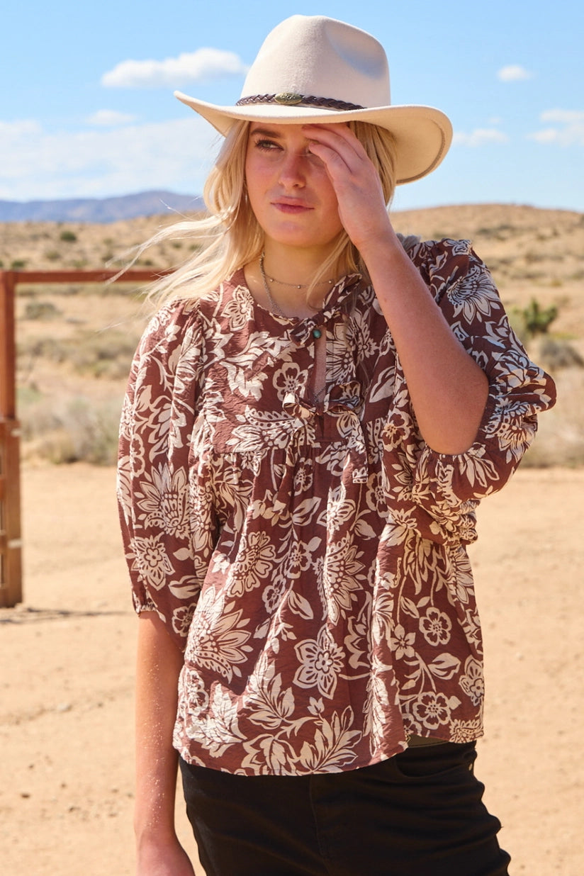 Lola Tie Front Boho Floral Batwing Sleeve Peplum Top