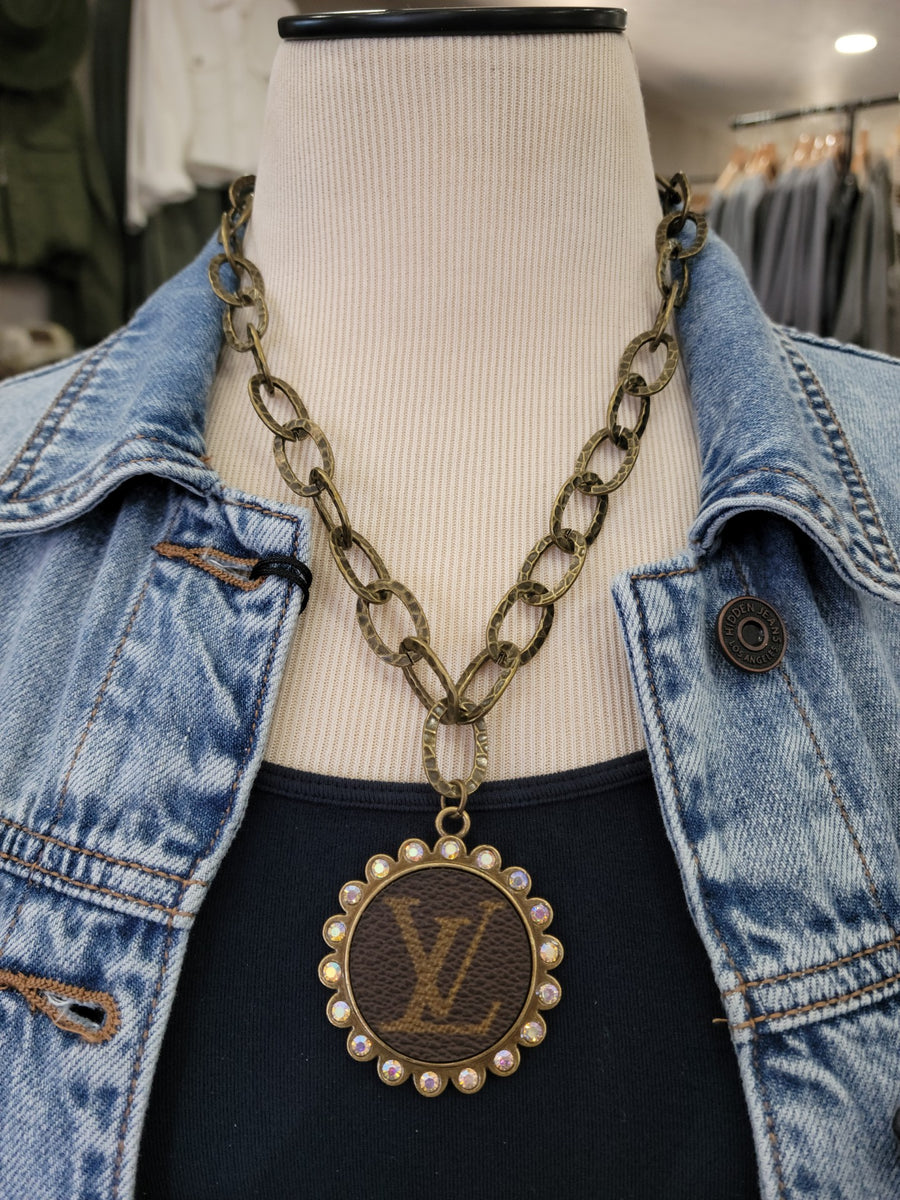 "Charming" Upcycled LV Large "LV" Bling Round Dangle Charm Necklace with Oval Hoops Chain