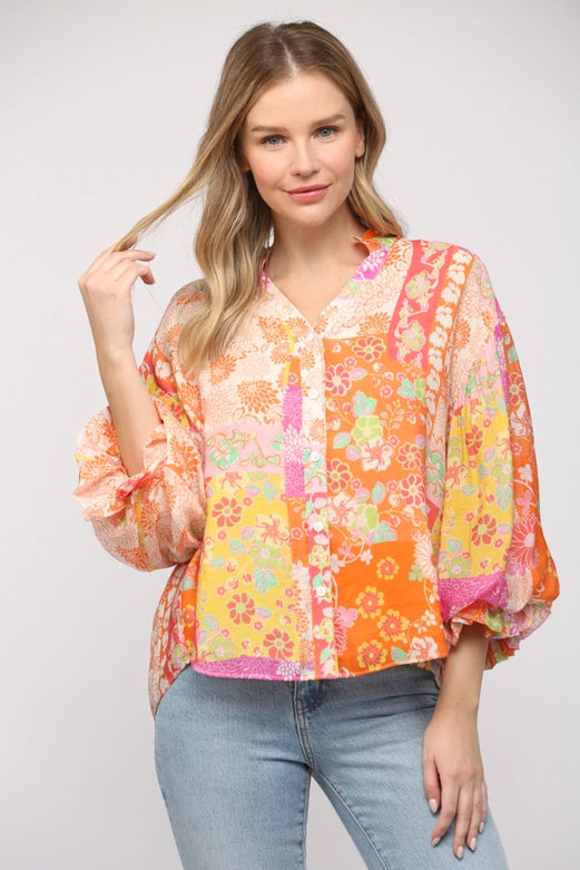 Aidyn Puff Sleeve Button Down Chiffon Blouse