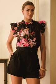 Charlene Sleeveless Ruffle Trim Floral Print Blouse