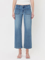 Unleaded Mid Rise Patch Pocket Cropped Slim Wide Leg Jeans