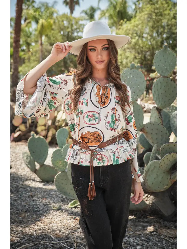 Desert Frames Flare Sleeve Blouse Top
