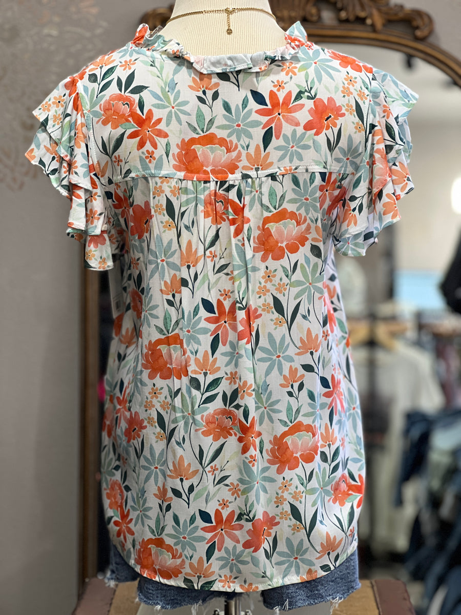 Clementine Floral Ruffle Button Blouse Top