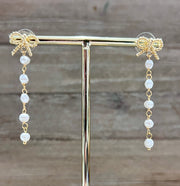 Gold Bows with Pearls Dangle Earrings