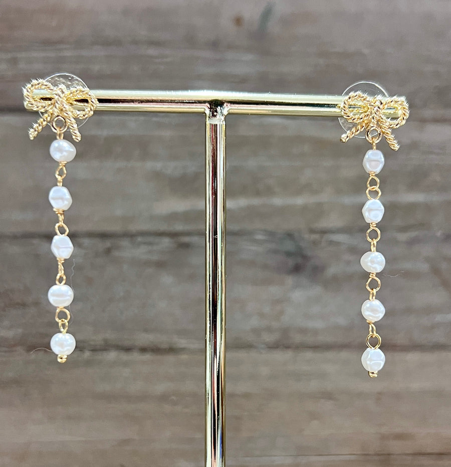 Gold Bows with Pearls Dangle Earrings