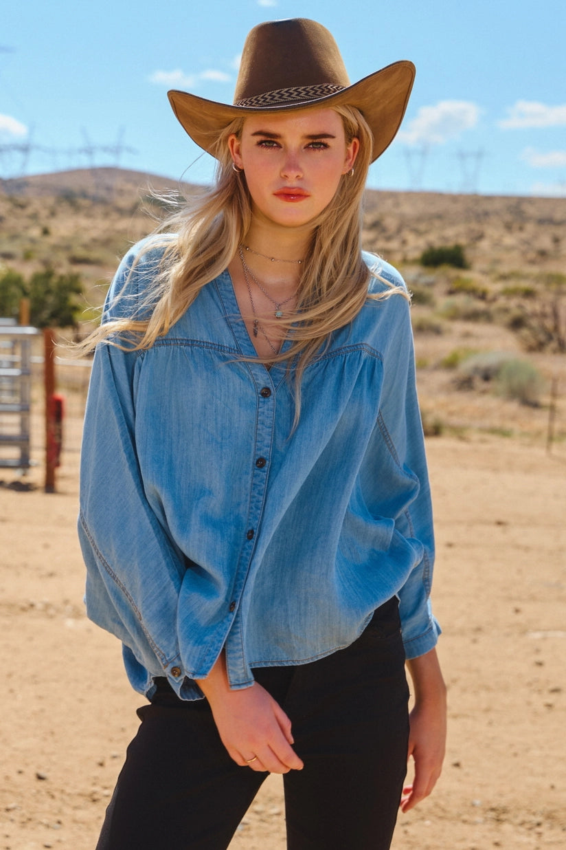 Nico Light Washed Chambray Denim V-Neckline Blouse