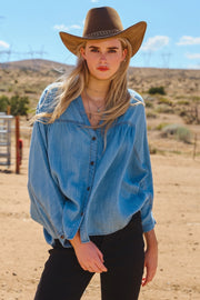 Nico Light Washed Chambray Denim V-Neckline Blouse