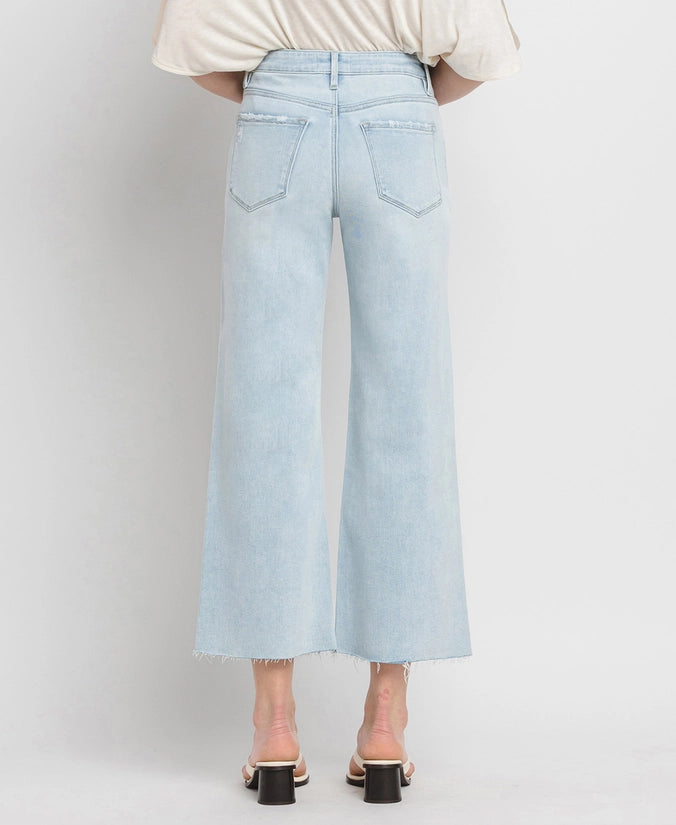 Fame High Rise Wide Leg Light Denim Cropped Length Jeans with Raw Cut Hem