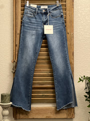 Cruel Girl Mid Rise Crop Flare Denim Jeans with Angled Side Slits!