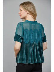 Veda Mesh Lace Applique Velvet Peplum Top by FATE