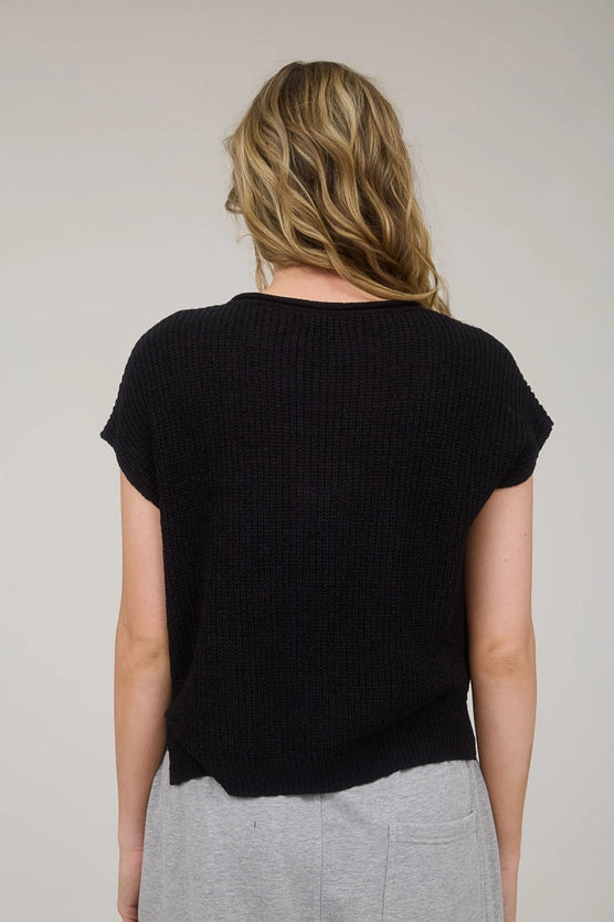 Alana Split Neck Cap Sleeve Ribbon Knit Pullover