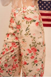 Western Coral Roses High Rise Wide Leg Floral Print Pant
