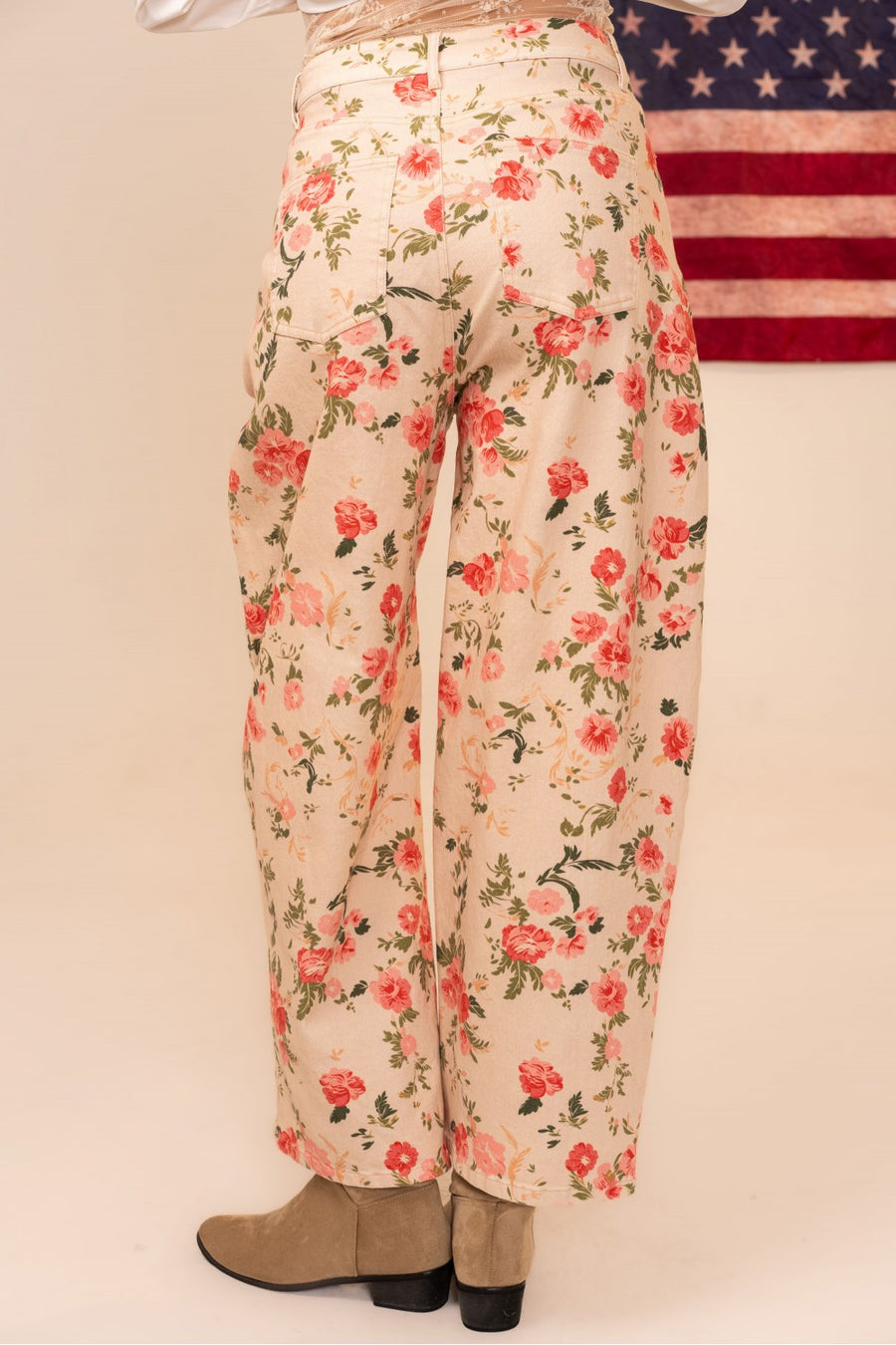 Western Coral Roses High Rise Wide Leg Floral Print Pant
