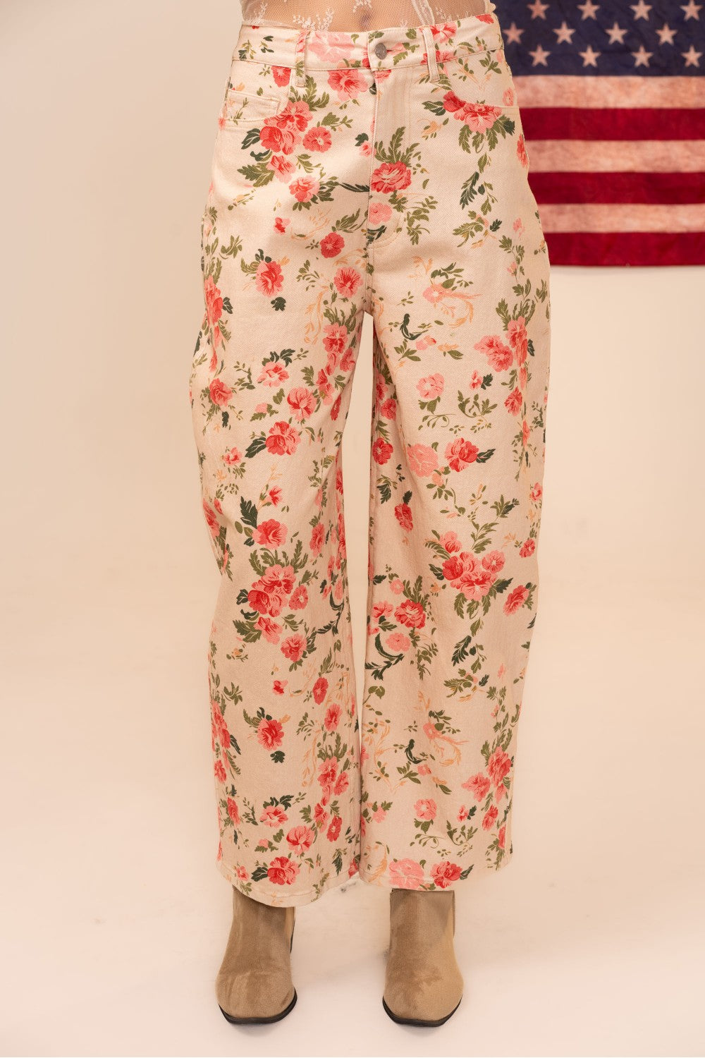 Western Coral Roses High Rise Wide Leg Floral Print Pant