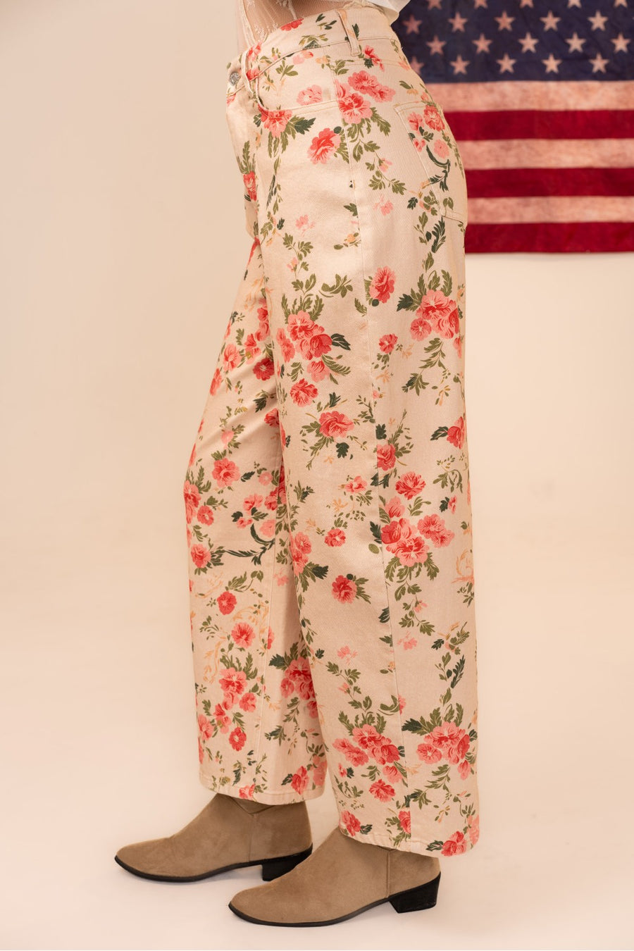 Western Coral Roses High Rise Wide Leg Floral Print Pant