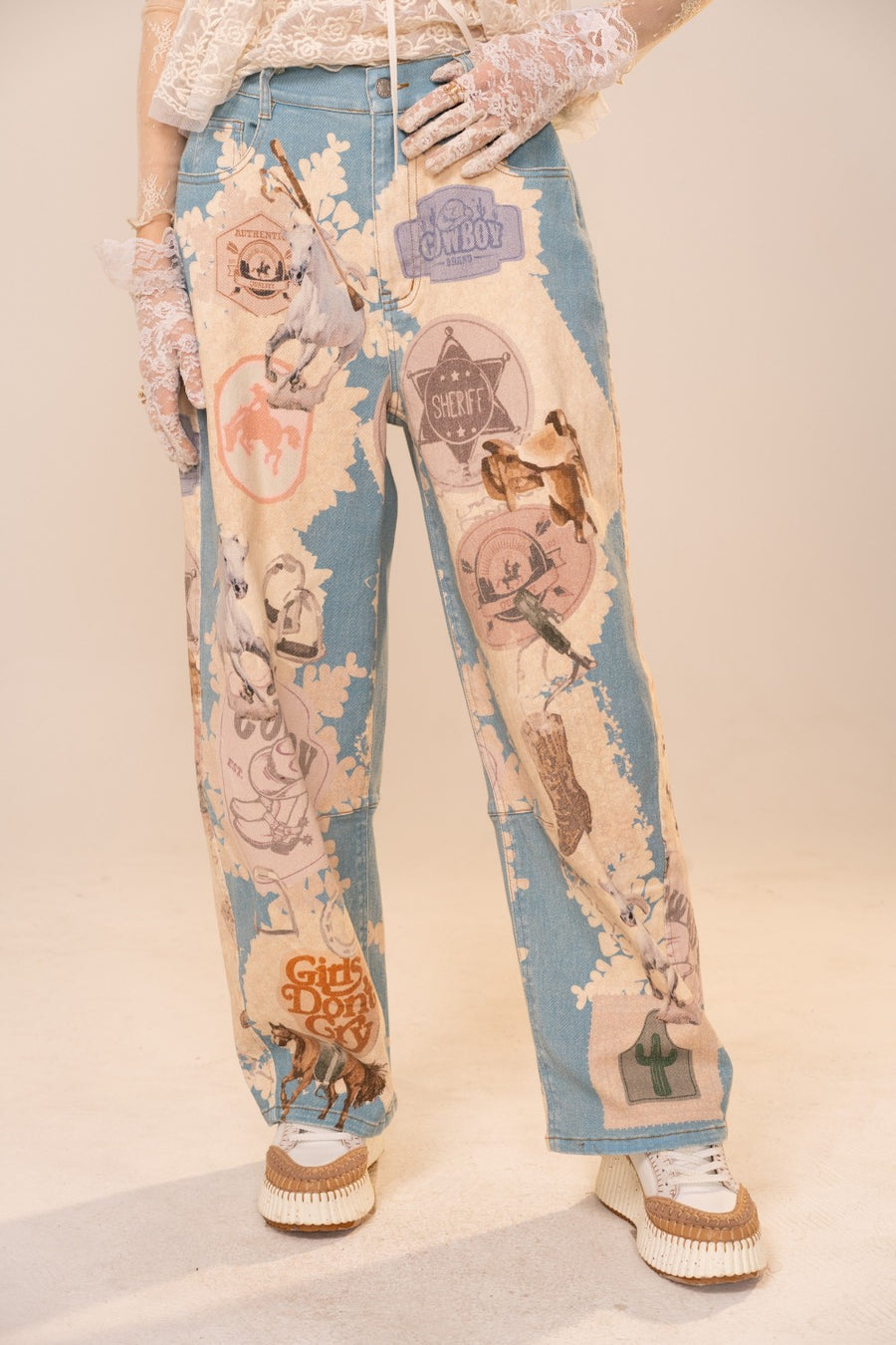 Cowgirls Don't Cry Mid Rise Western Motif Loose Barrel Jeans