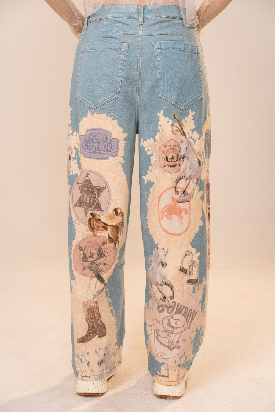 Cowgirls Don't Cry Mid Rise Western Motif Loose Barrel Jeans