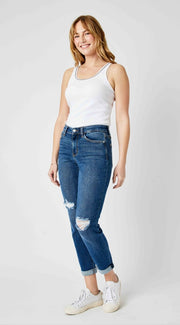 Foolin' Mid Rise Slim Fit Rolled Cuff Ankle Crop Jeans With Destroyed Knees