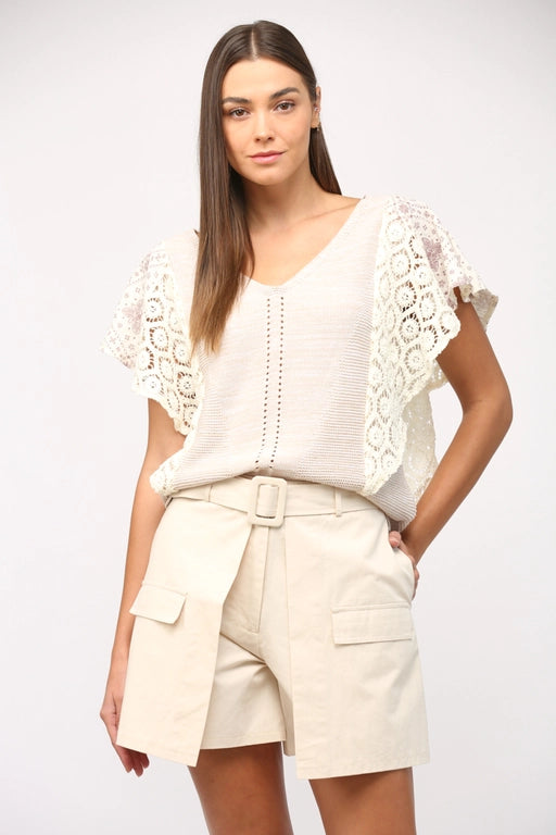 Lara Crochet Contrast Flutter Sleeve V-Neck Sweater