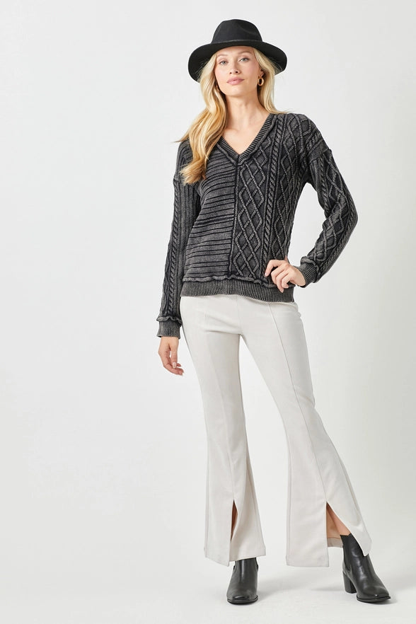 Karissa Mineral Washed Multi-Cable Knit Texture V-Neck Sweater