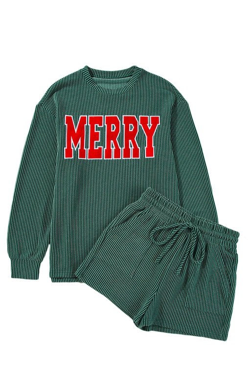 "Merry" Long Sleeve Ribbed Knit Short Set