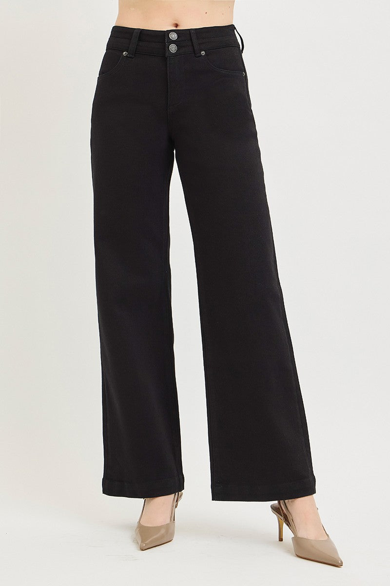 BlackHeart Mid Rise Double Button Waistband Wide Leg Trouser Jeans