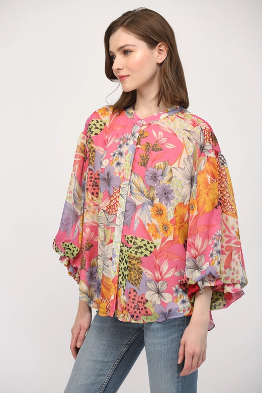 Adrienne Puff Sleeve Button Down Chiffon Blouse