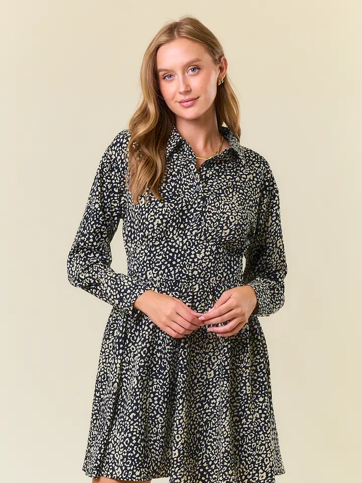 Catalina Collared Animal Print Long Sleeve Mini Dress