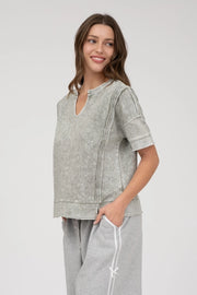 Elyse Mineral Washed Split Neck Short Sleeve Top