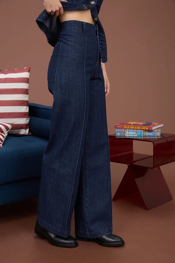 Bree High Waist Pintuck Seam Wide Leg Denim Pants