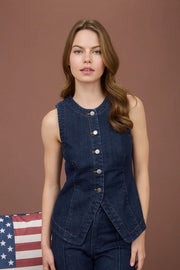 Bree Round Neck Sleeveless Button Down Sleeveless Denim Vest