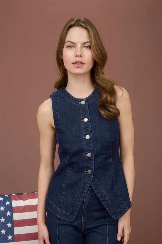 Bree Round Neck Sleeveless Button Down Sleeveless Denim Vest