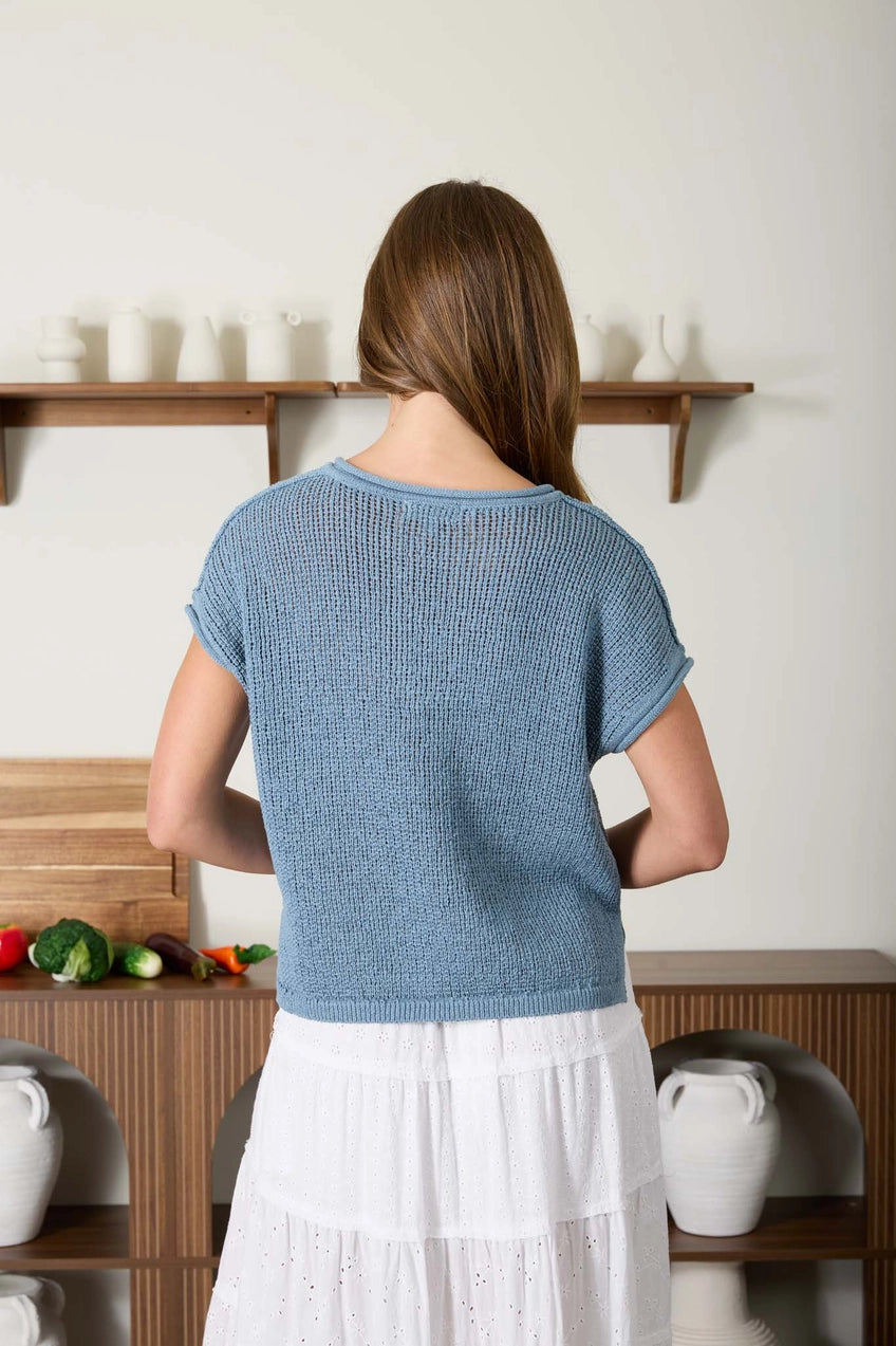 Alisha Split Neckline Short Sleeve Ribbon Knit Pullover Sweater