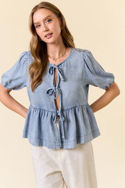 Mirella Chambray Puff Sleeve Bow-Tie Front Peplum Top