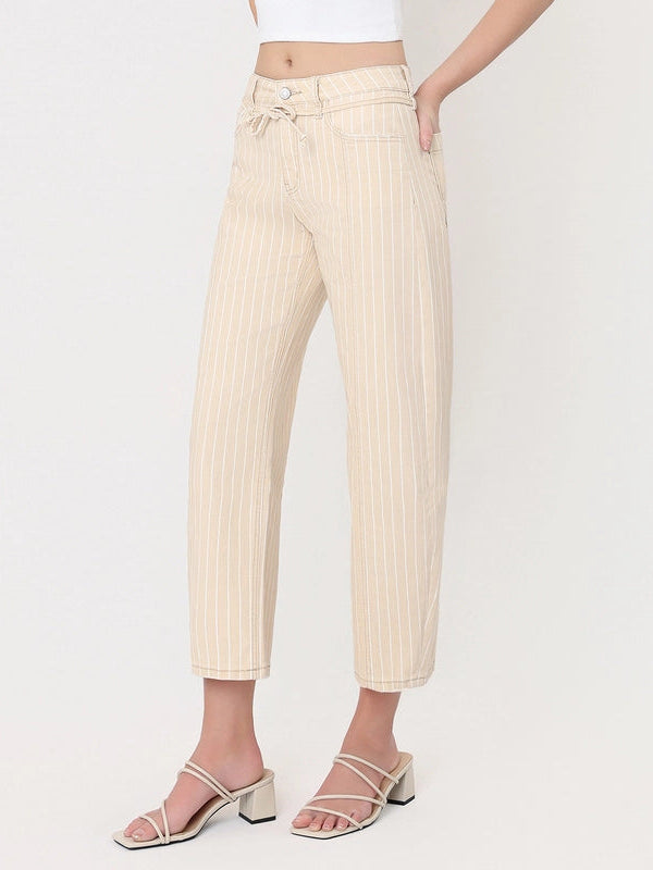 Stryker High Rise Seamed Stripe Cropped Barrel Jeans with Tie Waist