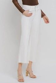 White Lies High Rise Crop Length Wide Leg White Denim Jeans