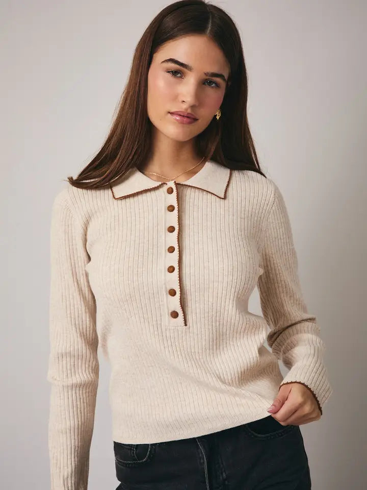 Layna Collared Polo Henley Ribbed Knit Top by Sunday Edition