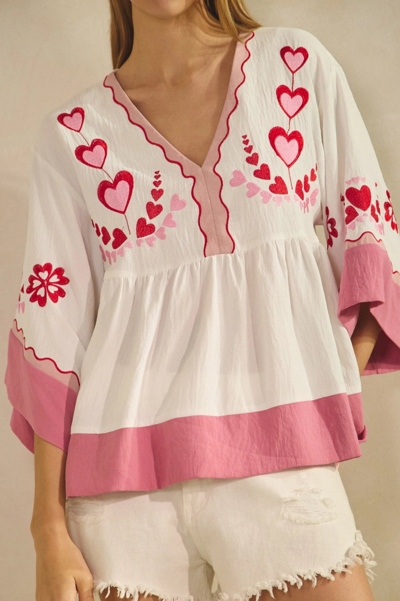 Be Mine Peasant-Style Hearts Embroidered Top
