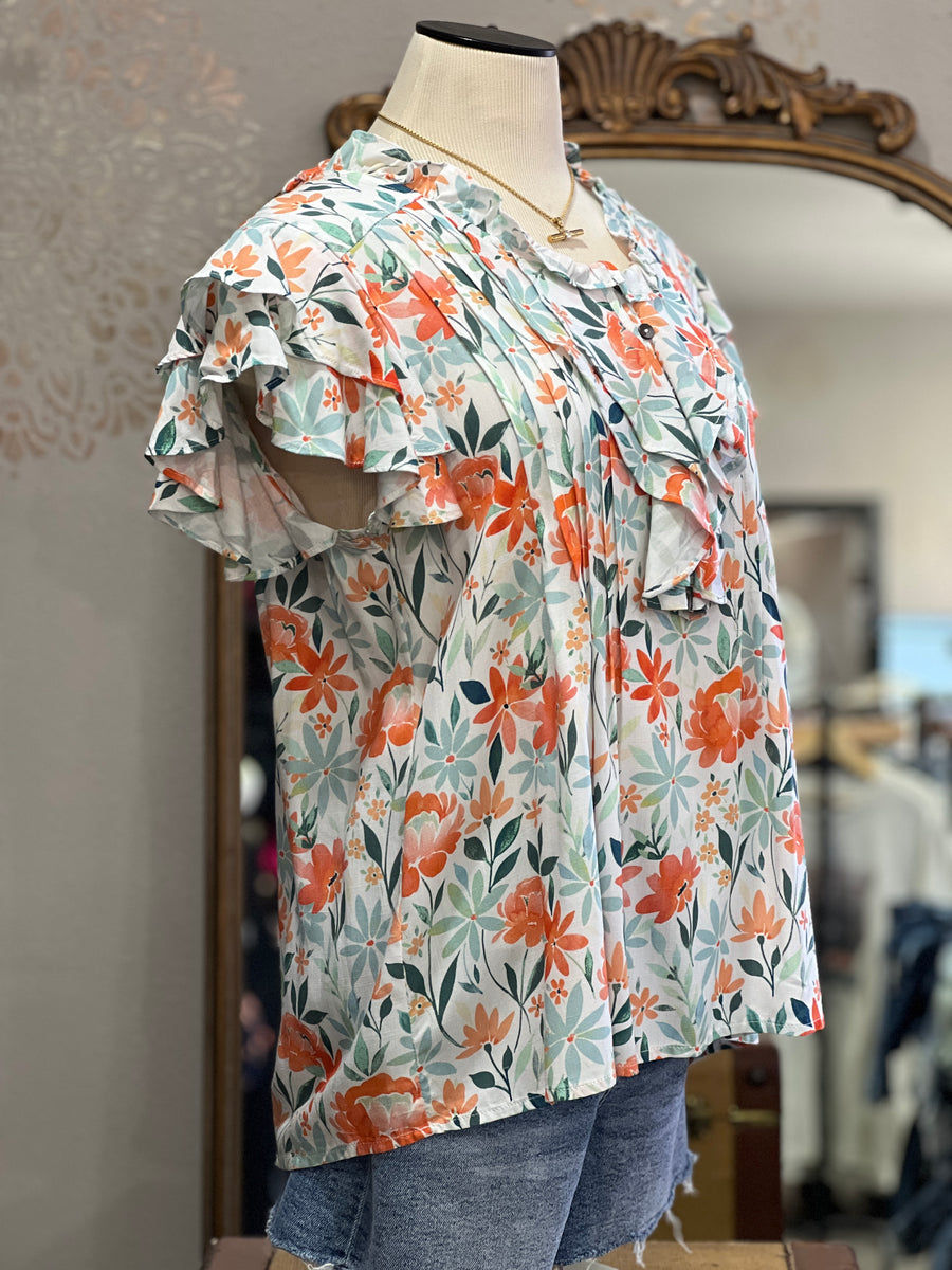 Clementine Floral Ruffle Button Blouse Top