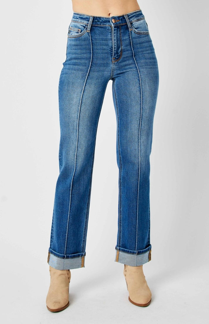 Felon High Waist Front Seam Detail Cuffed Straight Denim Jeans