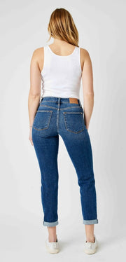 Foolin' Mid Rise Slim Fit Rolled Cuff Ankle Crop Jeans With Destroyed Knees