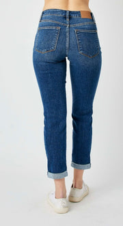 Foolin' Mid Rise Slim Fit Rolled Cuff Ankle Crop Jeans With Destroyed Knees