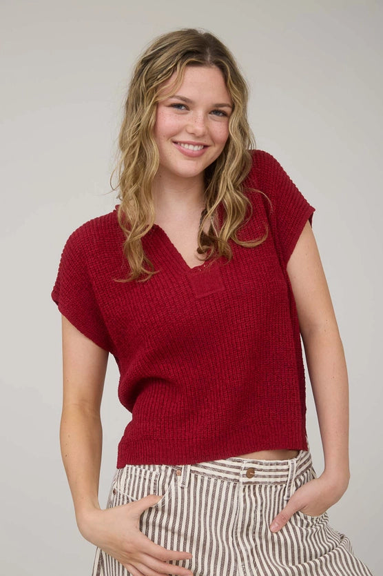 Alana Split Neck Cap Sleeve Ribbon Knit Pullover