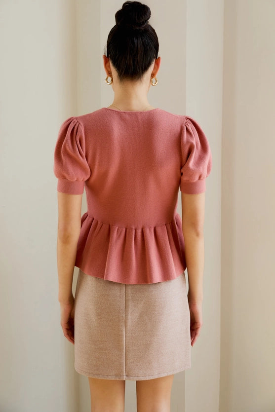 Aria V-Neck Button Front Peplum Sweater Knit Top