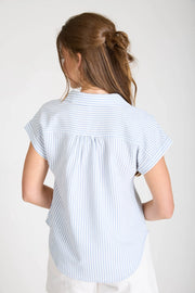 Penni Stripe Collared V-Neck Cuff Short Sleeve Top