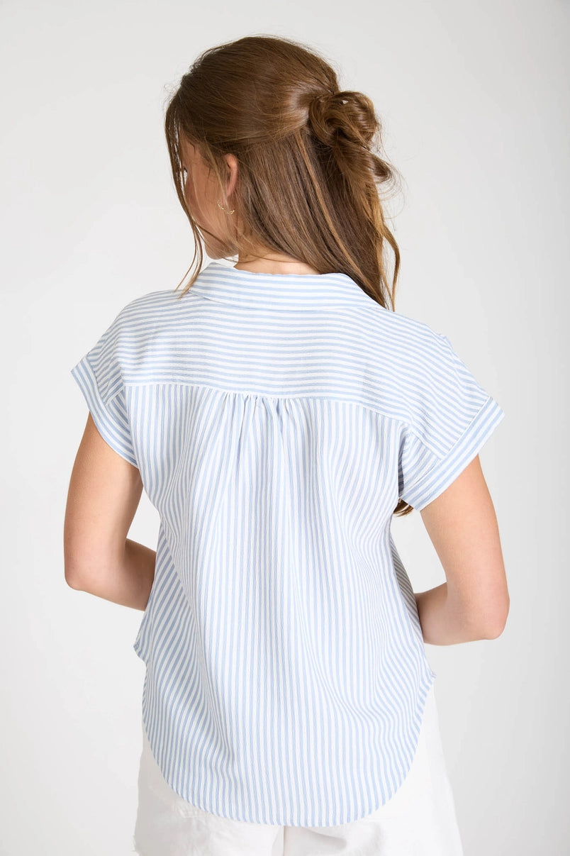 Penni Stripe Collared V-Neck Cuff Short Sleeve Top
