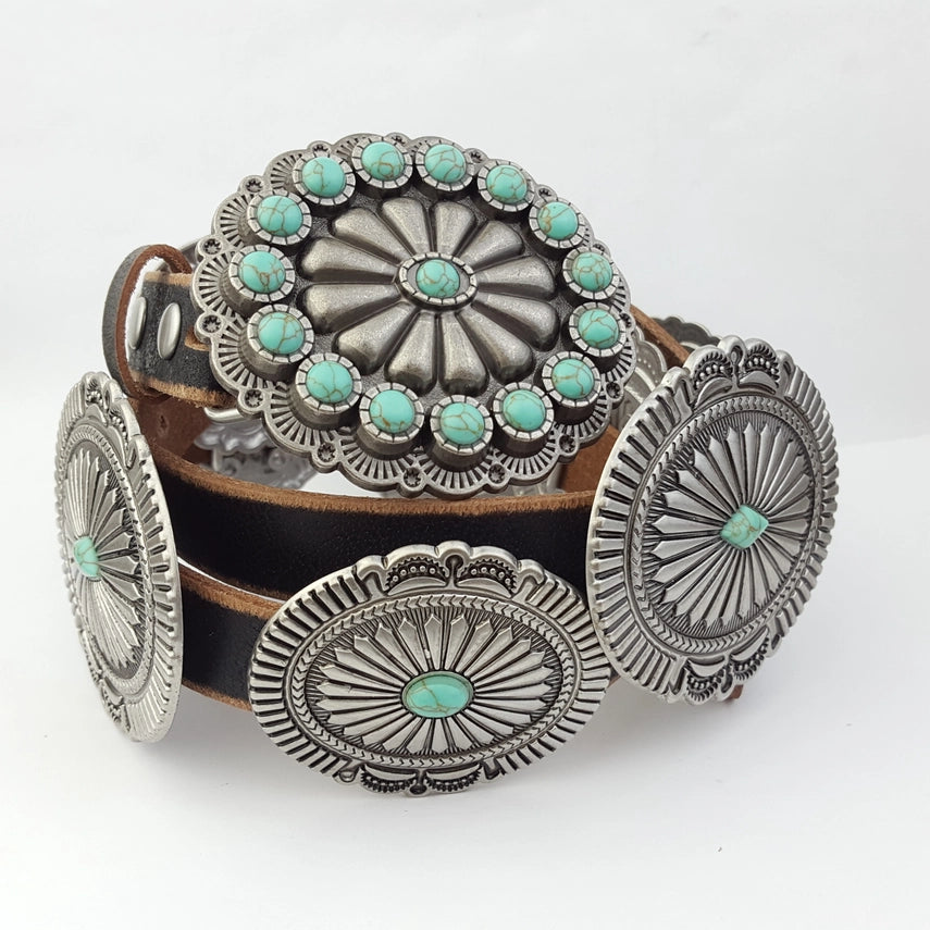 Pueblo Full Concho Distressed Leather Belt