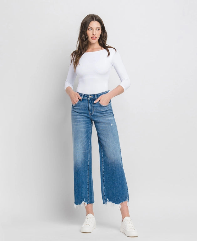 Creed High Rise Crop Wide Leg Jeans with Frayed Hem